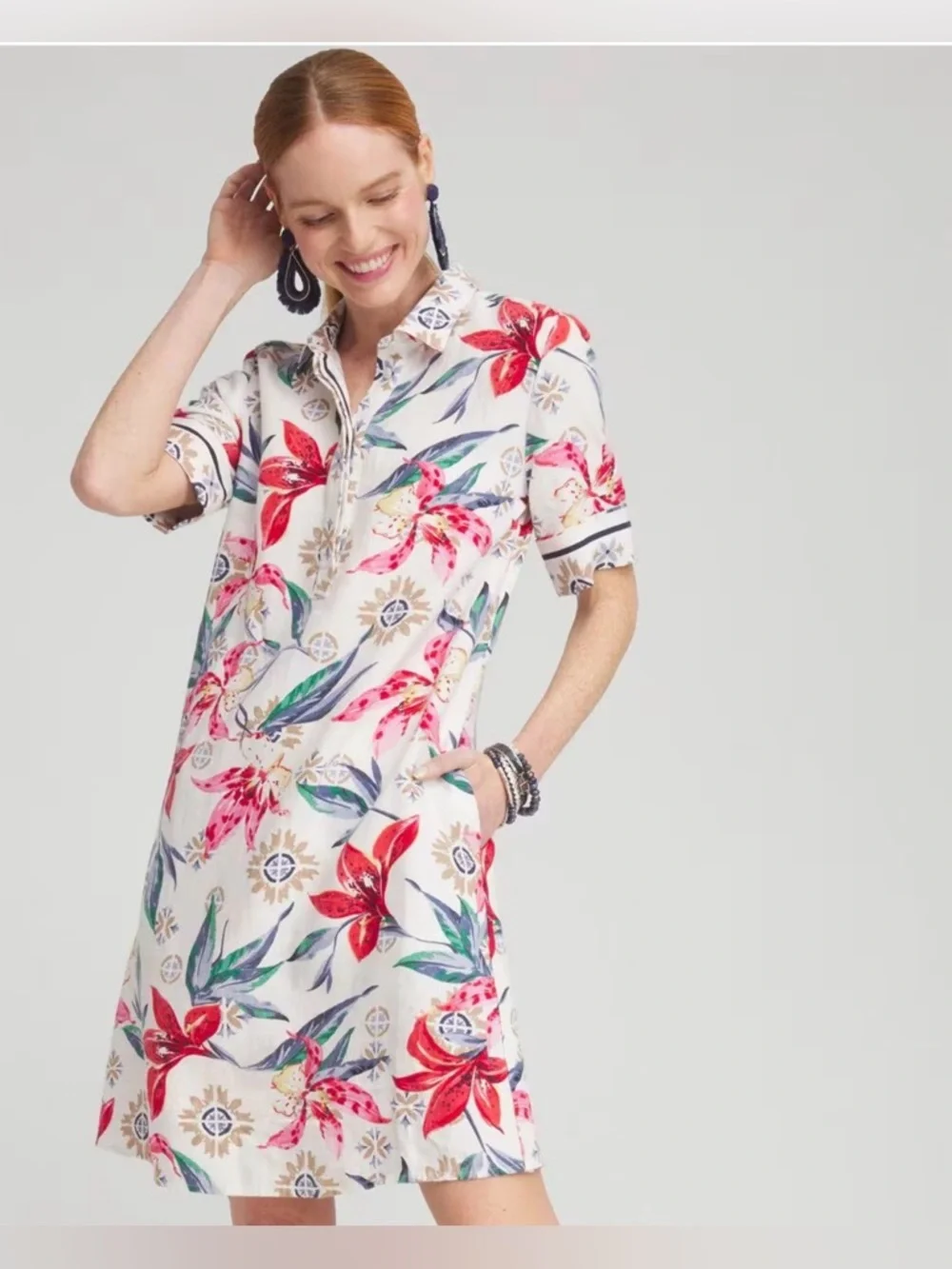 Chico’s Linen Floral Popover Shirt Dress Size 10 US Resort Wear Coastal Beach - Picture 2 of 9